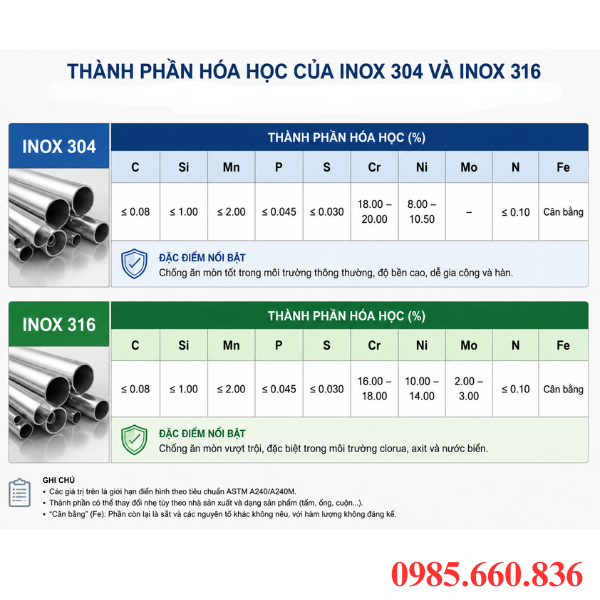 Thành phần hóa học của inox 304 và inox 316