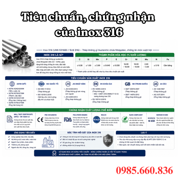 Tiêu chuẩn, chứng nhận của inox 316