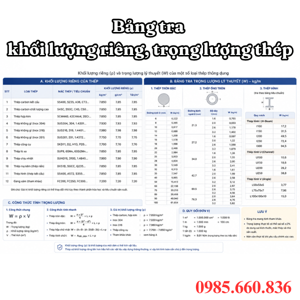Bảng tra khối lượng riêng, trọng lượng thép
