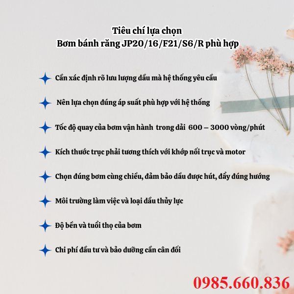 Tiêu chí lựa chọn bơm bánh răng JP20/16/F21/S6/R phù hợp